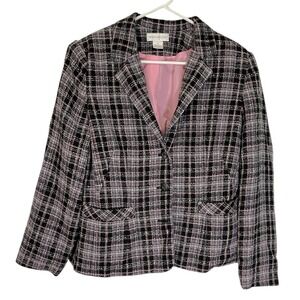 Worthington Women 's 10 Black Pink Plaid Blazer Work Career Shoulder Pads Barbie